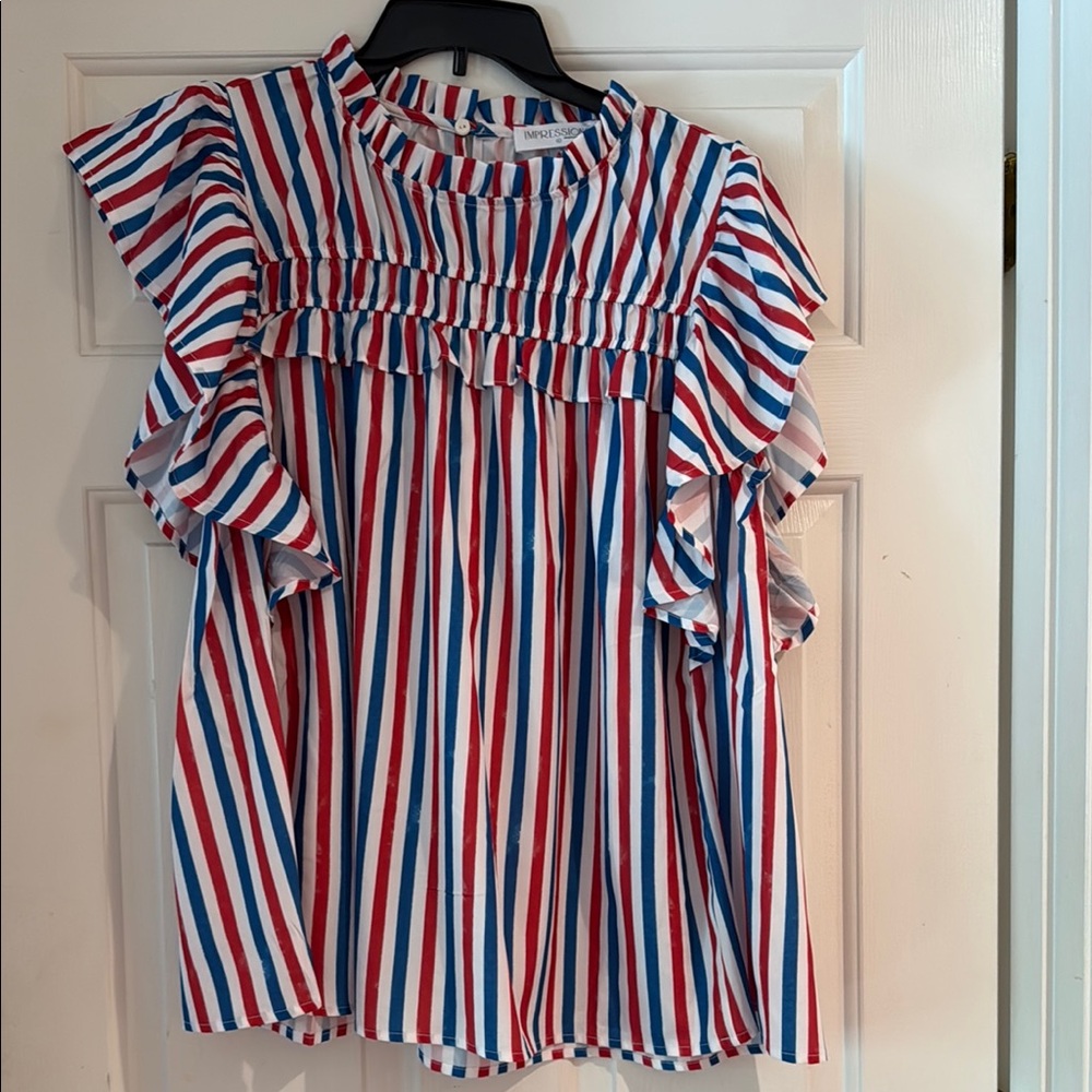 Impressions Striped Ruffle Sleeve Blouse NWOT 4th of July